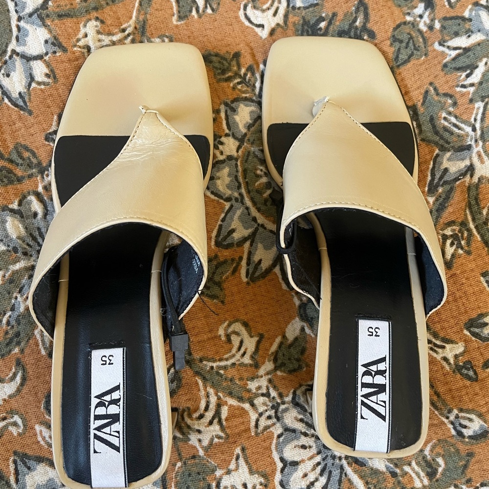 Zara Cream  Square-Toe Slide Sandals